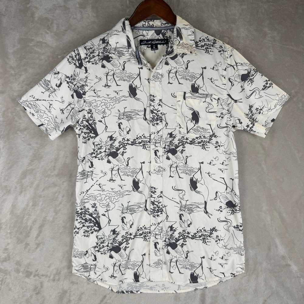 Japanese Crane Bird Print Button Down Shirt Just Attitude Mens Medium White